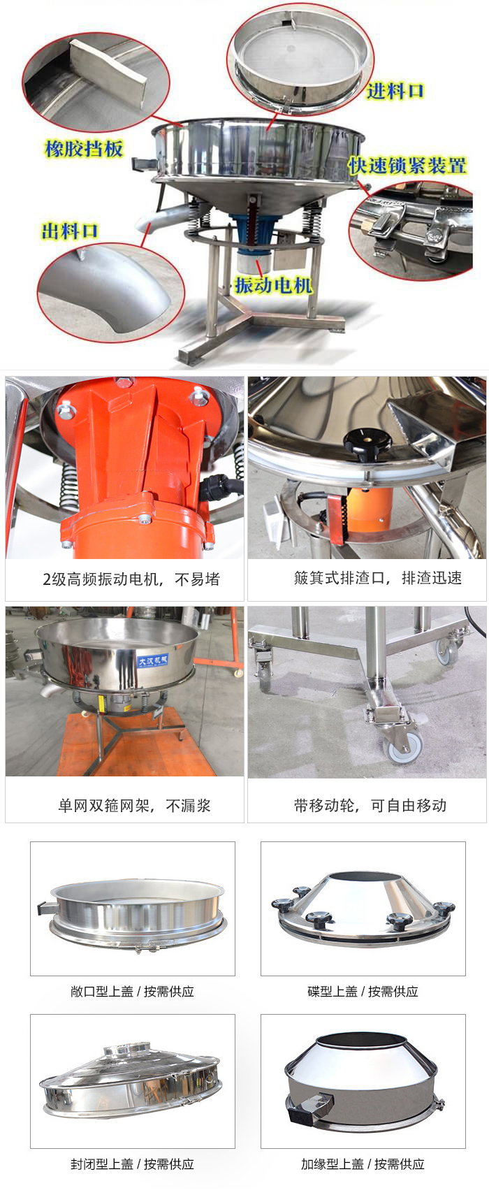 由高頻振動電機(jī)、進(jìn)料口、出料口、篩網(wǎng)等部分組成