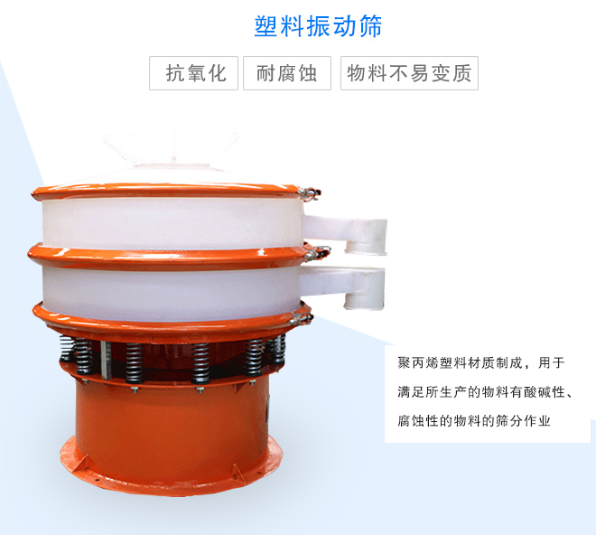 塑料振動篩是采用聚丙烯材料制成的，可以用于酸堿性，腐蝕性物料的篩分作業(yè)