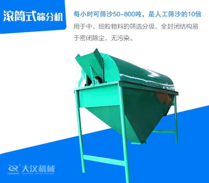 滾筒式篩分機(jī)用于中、細(xì)粒物料的篩選分級(jí)，全封閉結(jié)構(gòu)易 于密閉除塵，無污染。