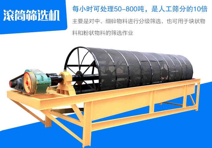 滾筒篩選機(jī)主要是對(duì)中、細(xì)碎物料進(jìn)行分級(jí)篩選，也可用于塊狀物 料和粉狀物料的篩選作業(yè)